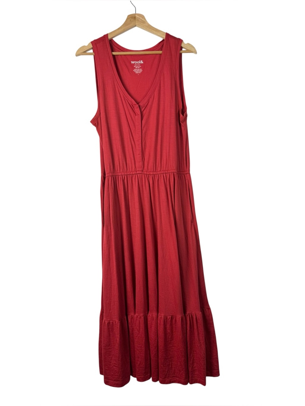 Wool& Red Wool Blend Tiered V-Neck Maxi Dress L